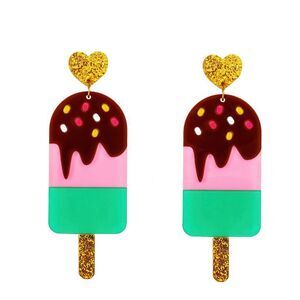 Pink & Green Ice‎ Cream Stick Earrings Gold Accents